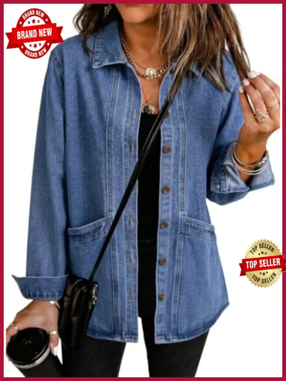 Oversized Denim Jacket Women Cotton Blend Button Down Shirt Jacket